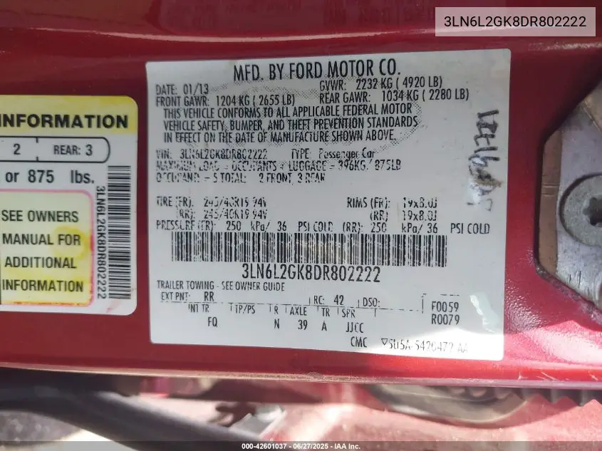 2013 Lincoln Mkz VIN: 3LN6L2GK8DR802222 Lot: 42601037