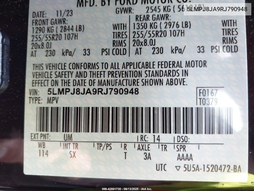 2024 Lincoln Nautilus Premiere VIN: 5LMPJ8JA9RJ790948 Lot: 42501730
