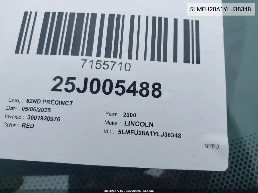 2000 Lincoln Navigator VIN: 5LMFU28A1YLJ38348 Lot: 42377745