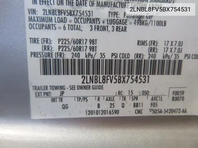 2011 Lincoln Town Car Signature Long Wheelbase VIN: 2LNBL8FV5BX754531 Lot: 42635165