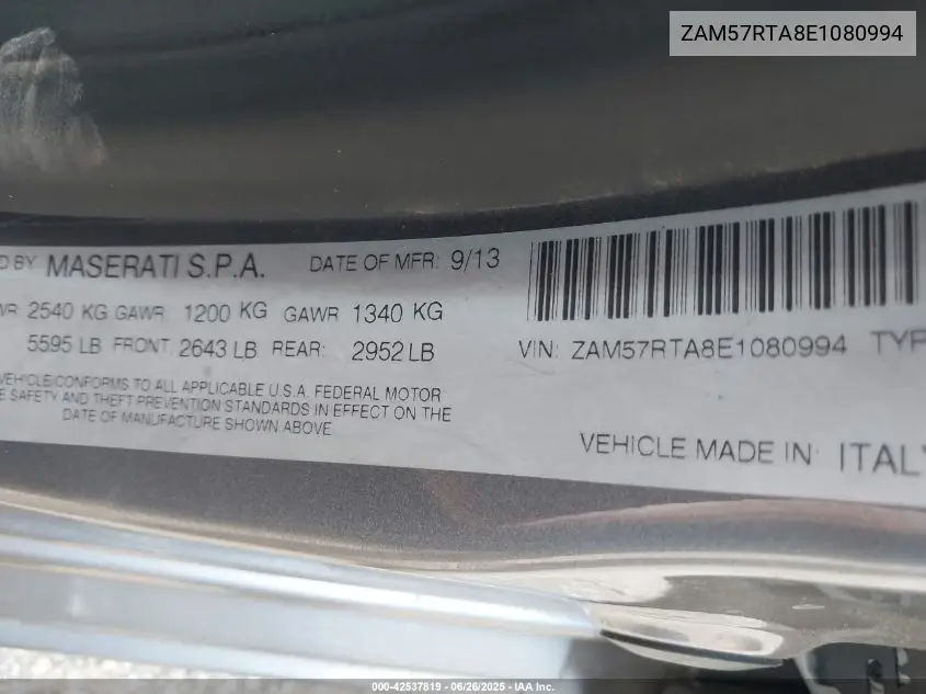 2014 Maserati Ghibli S Q4 VIN: ZAM57RTA8E1080994 Lot: 42537819