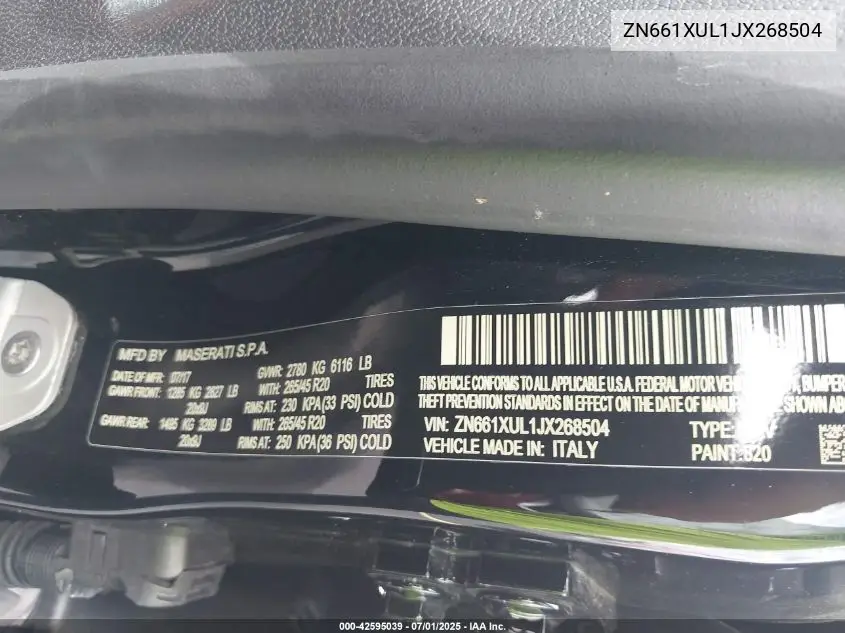 2018 Maserati Levante Granlusso VIN: ZN661XUL1JX268504 Lot: 42595039