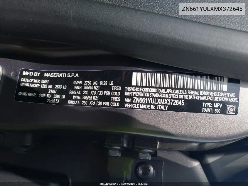2021 Maserati Levante S Granlusso VIN: ZN661YULXMX372645 Lot: 42245612