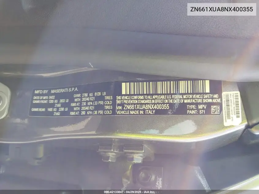 2022 Maserati Levante Gt VIN: ZN661XUA8NX400355 Lot: 42133847
