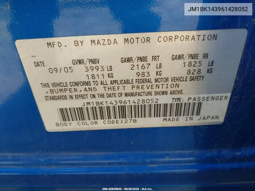 2006 Mazda Mazda3 S VIN: JM1BK143961428052 Lot: 42605640