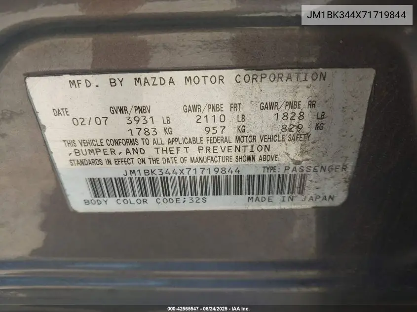 2007 Mazda Mazda3 S Touring VIN: JM1BK344X71719844 Lot: 42565547