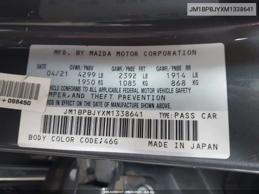 2021 Mazda Mazda3 Hatchback 2.5 Turbo VIN: JM1BPBJYXM1338641 Lot: 42558307