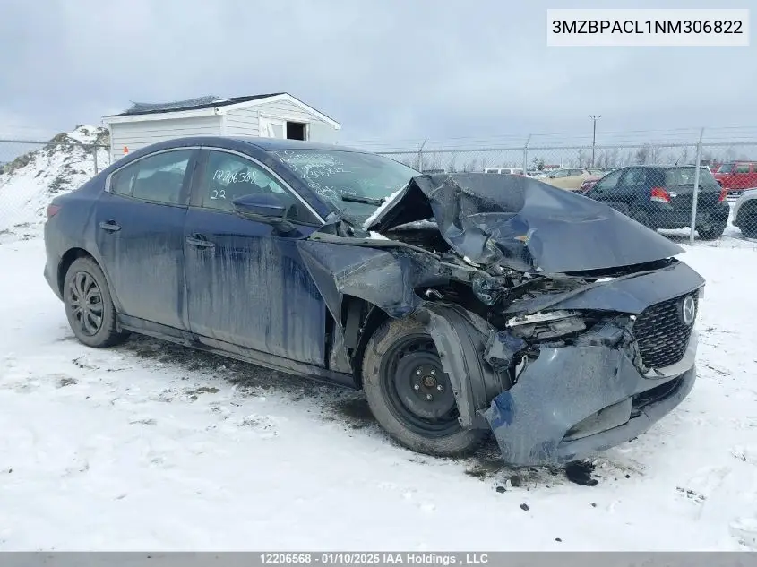 2022 Mazda 3 Preferred VIN: 3MZBPACL1NM306822 Lot: 12206568
