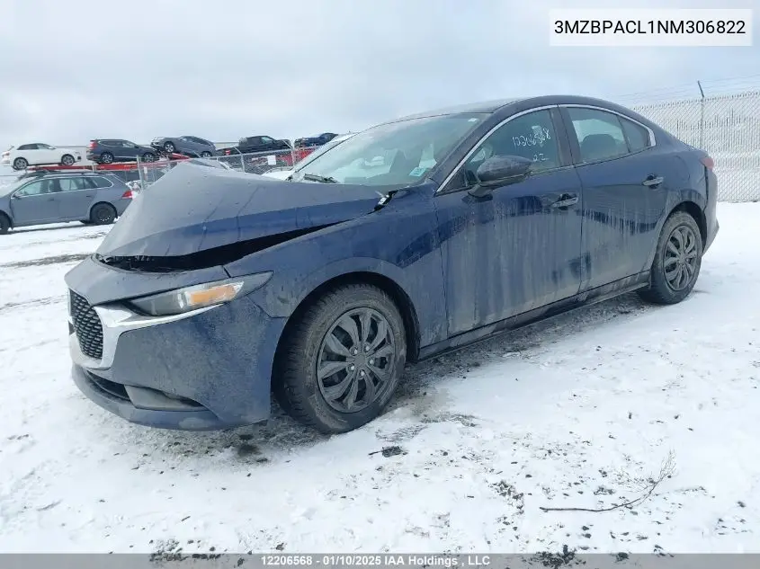 2022 Mazda 3 Preferred VIN: 3MZBPACL1NM306822 Lot: 12206568