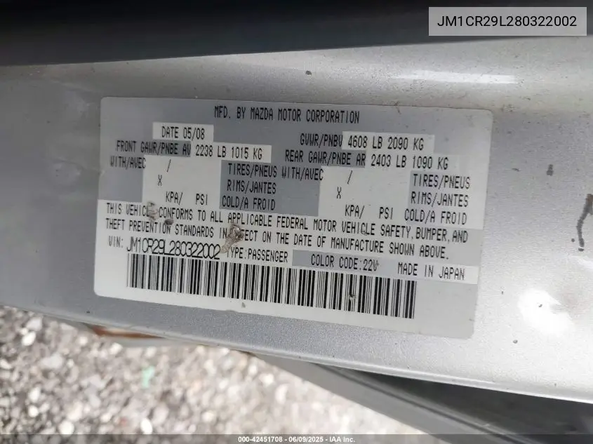 2008 Mazda Mazda5 Sport VIN: JM1CR29L280322002 Lot: 42451708