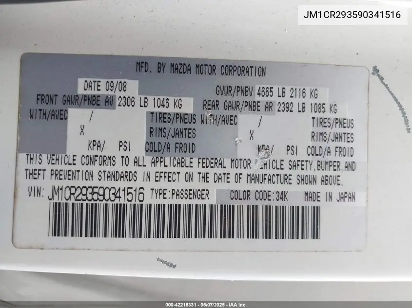 2009 Mazda Mazda5 Sport VIN: JM1CR293590341516 Lot: 42218331