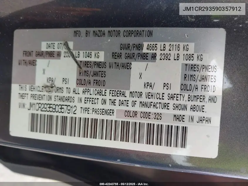 2009 Mazda Mazda5 Touring VIN: JM1CR293590357912 Lot: 42243755
