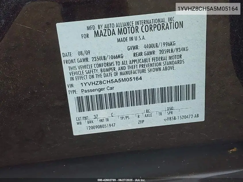 2010 Mazda Mazda6 I Touring VIN: 1YVHZ8CH5A5M05164 Lot: 42602789