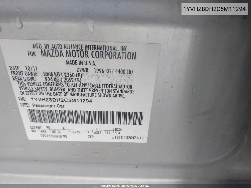 2012 Mazda Mazda6 I Touring VIN: 1YVHZ8DH2C5M11294 Lot: 42614326