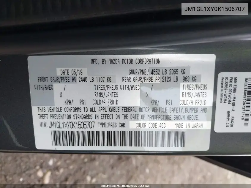 2019 Mazda Mazda6 Signature VIN: JM1GL1XY0K1506707 Lot: 41953975