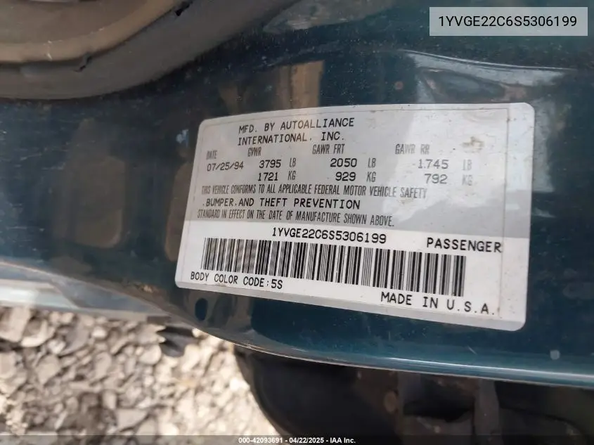 1995 Mazda 626 Dx/Lx VIN: 1YVGE22C6S5306199 Lot: 42093691