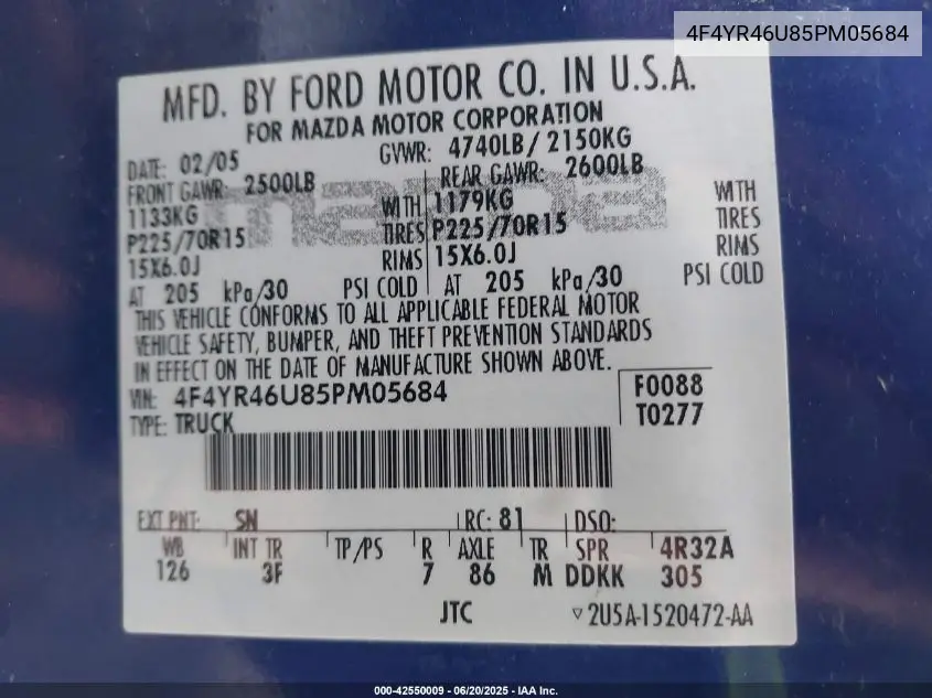 2005 Mazda B3000 VIN: 4F4YR46U85PM05684 Lot: 42550009
