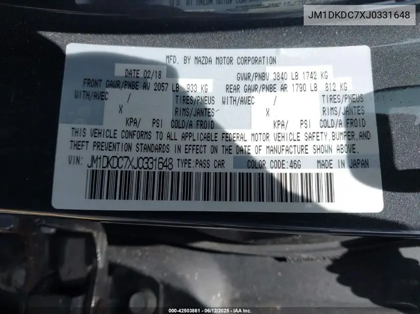 2018 Mazda Cx-3 Touring VIN: JM1DKDC7XJ0331648 Lot: 42503861