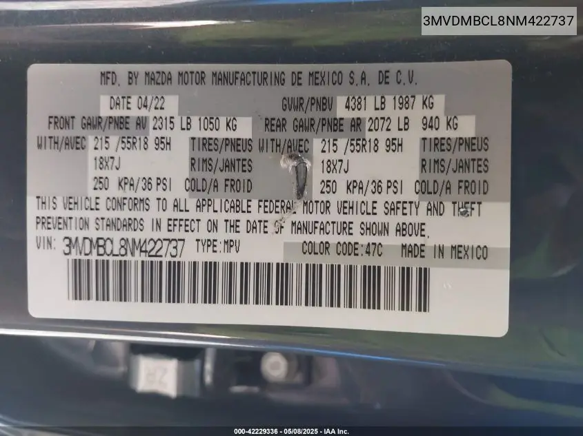 2022 Mazda Cx-30 Carbon Edition VIN: 3MVDMBCL8NM422737 Lot: 42229336