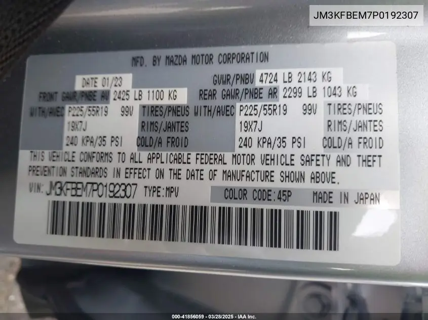 2023 Mazda Cx-5 2.5 S Premium Plus VIN: JM3KFBEM7P0192307 Lot: 41856059