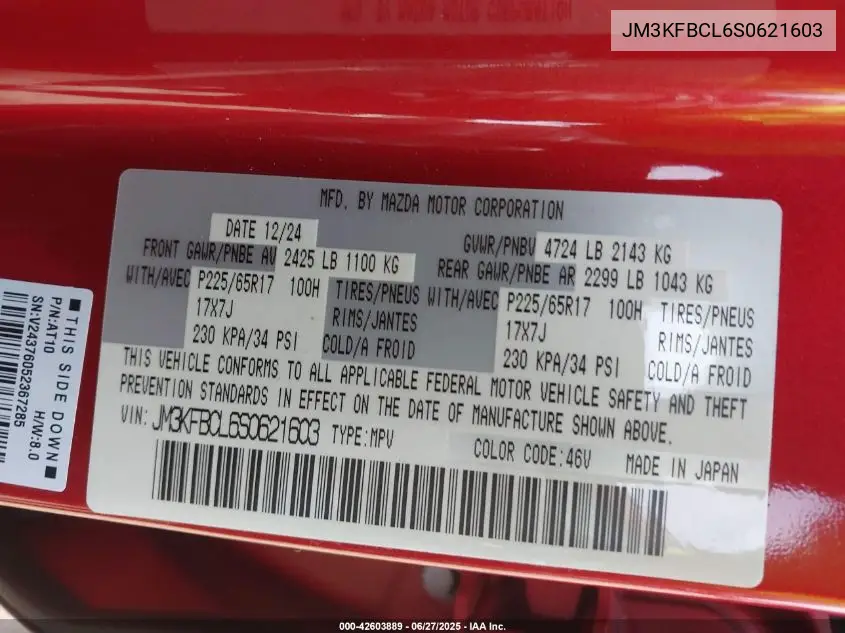 2025 Mazda Cx-5 2.5 S Preferred VIN: JM3KFBCL6S0621603 Lot: 42603889