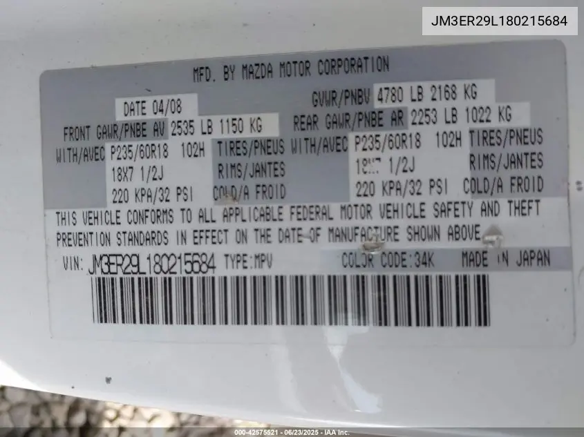 2008 Mazda Cx-7 Grand Touring VIN: JM3ER29L180215684 Lot: 42575521