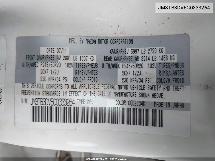 2012 Mazda Cx-9 Grand Touring VIN: JM3TB3DV6C0333264 Lot: 42692206