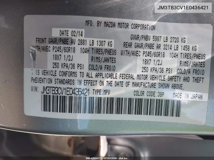 2014 Mazda Cx-9 Touring VIN: JM3TB3CV1E0436421 Lot: 42634172