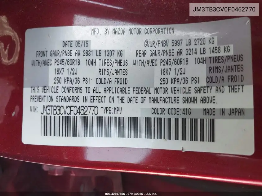 2015 Mazda Cx-9 Touring VIN: JM3TB3CV0F0462770 Lot: 42707606