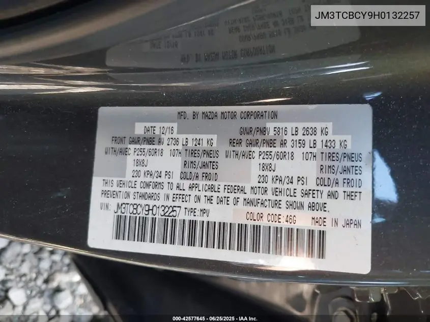 2017 Mazda Cx-9 Touring VIN: JM3TCBCY9H0132257 Lot: 42577645