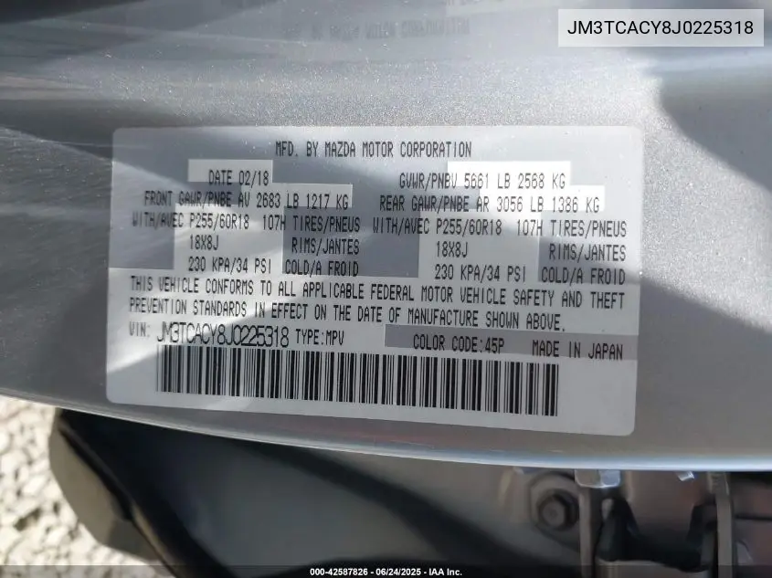 2018 Mazda Cx-9 Touring VIN: JM3TCACY8J0225318 Lot: 42587826