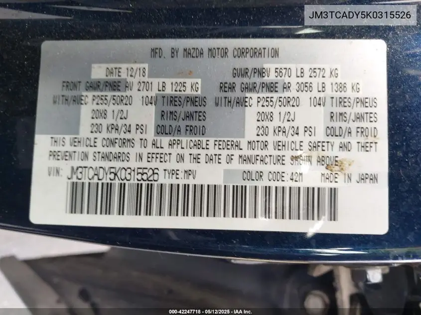 2019 Mazda Cx-9 Grand Touring VIN: JM3TCADY5K0315526 Lot: 42247718