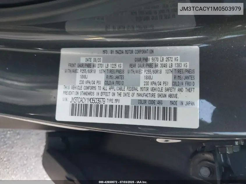2021 Mazda Cx-9 Touring VIN: JM3TCACY1M0503979 Lot: 42650572