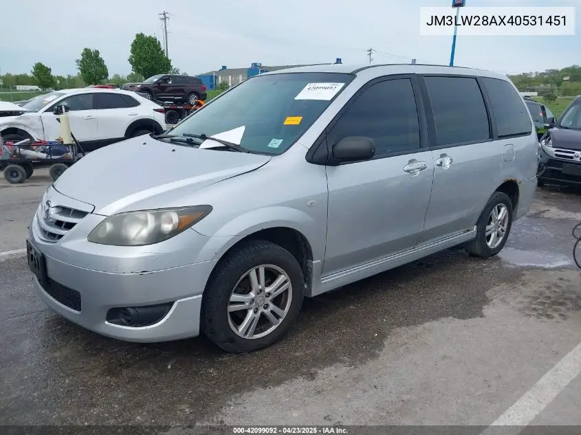2004 Mazda Mpv Lx VIN: JM3LW28AX40531451 Lot: 42099092