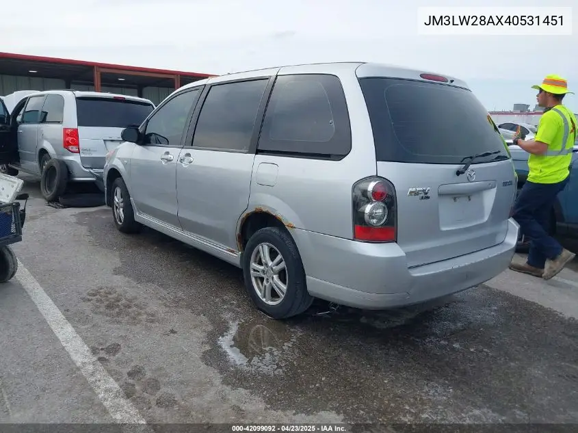 2004 Mazda Mpv Lx VIN: JM3LW28AX40531451 Lot: 42099092