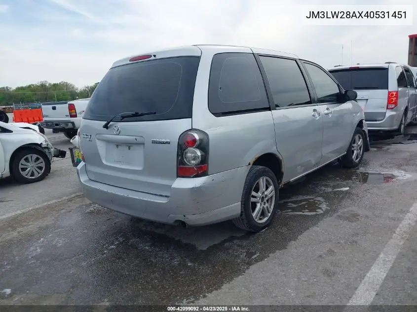2004 Mazda Mpv Lx VIN: JM3LW28AX40531451 Lot: 42099092