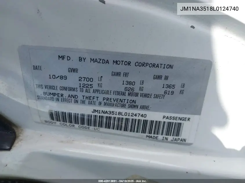 1990 Mazda Mx-5 Miata VIN: JM1NA3518L0124740 Lot: 42013691