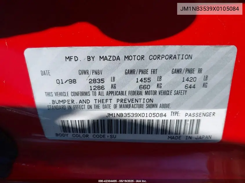 1999 Mazda Mx-5 Miata Leather Pkg/Popular Equipment Pkg/Sports Pkg/Touring/Touring Pkg VIN: JM1NB3539X0105084 Lot: 42304405