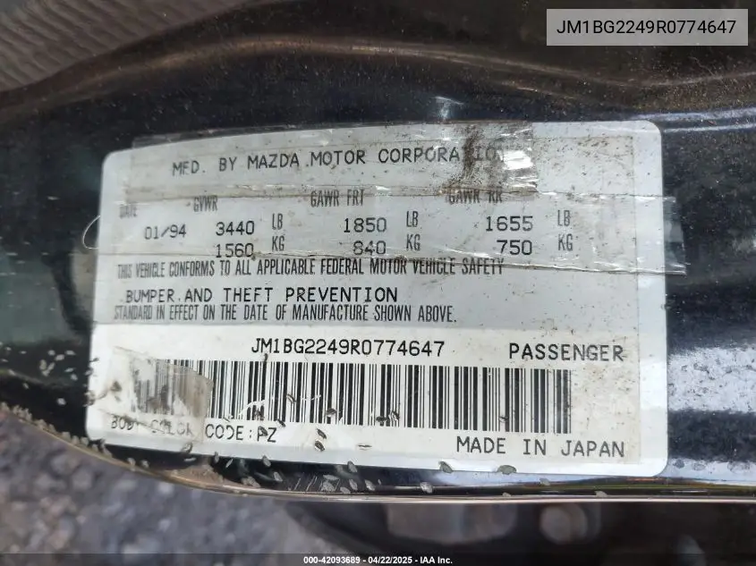 1994 Mazda Protege Dx VIN: JM1BG2249R0774647 Lot: 42093689