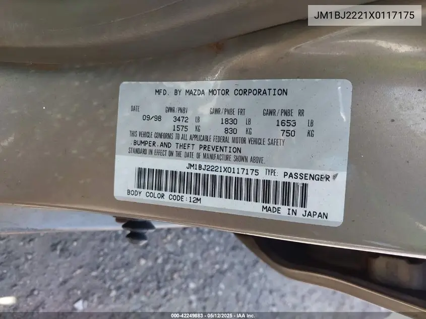 1999 Mazda Protege Dx/Lx VIN: JM1BJ2221X0117175 Lot: 42249883