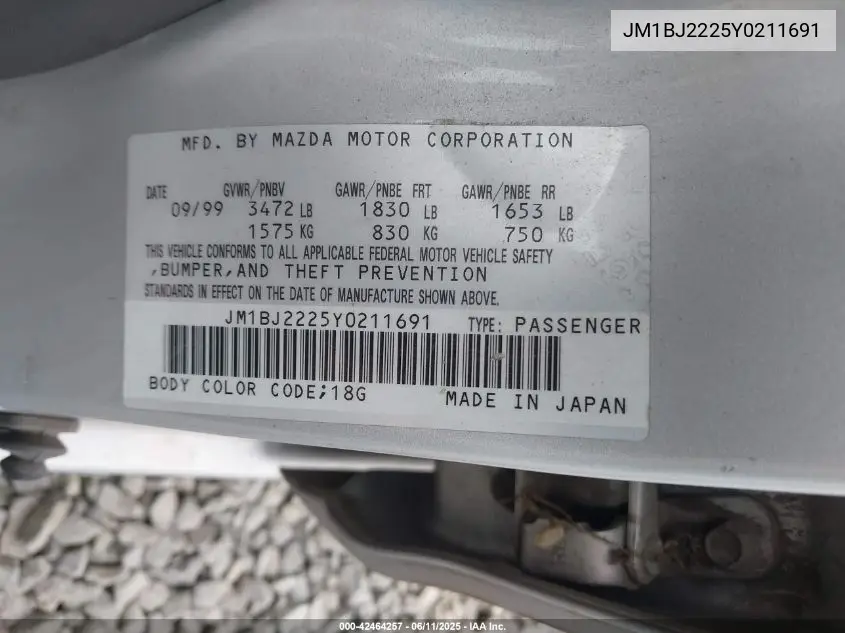2000 Mazda Protege Dx/Lx VIN: JM1BJ2225Y0211691 Lot: 42464257