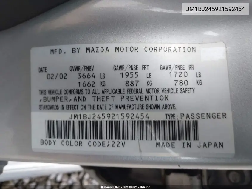 2002 Mazda Protege5 VIN: JM1BJ245921592454 Lot: 42500876
