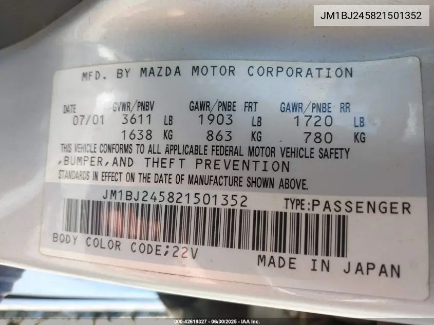 2002 Mazda Protege Pr5 VIN: JM1BJ245821501352 Lot: 42619327