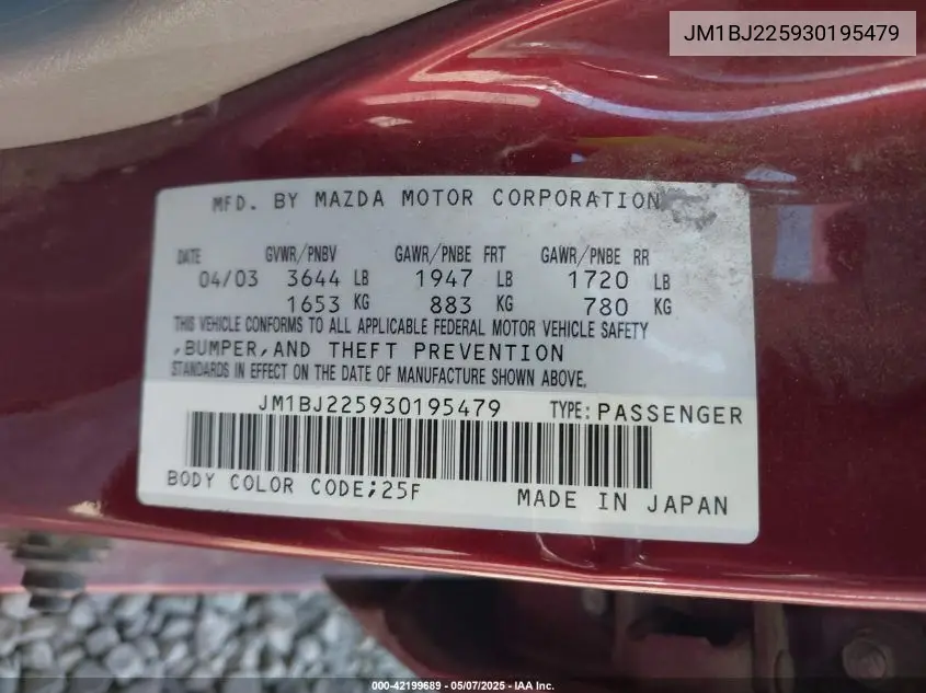 2003 Mazda Protege Dx/Es/Lx VIN: JM1BJ225930195479 Lot: 42199689