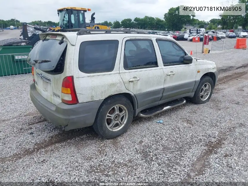 2001 Mazda Tribute Dx V6 VIN: 4F2YU07181KM08905 Lot: 42701738