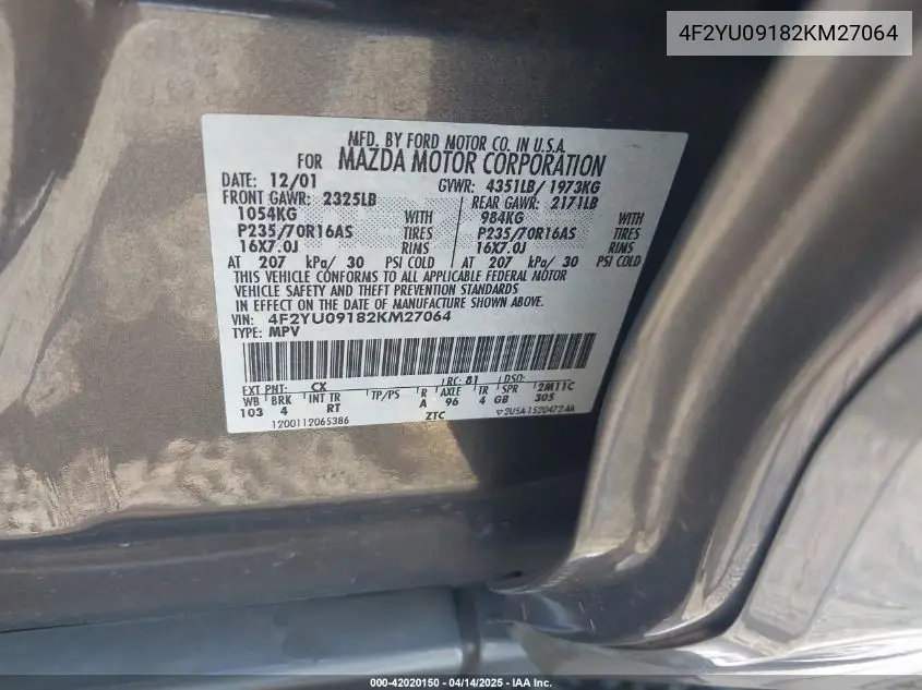 2002 Mazda Tribute Es V6/Lx V6 VIN: 4F2YU09182KM27064 Lot: 42020150