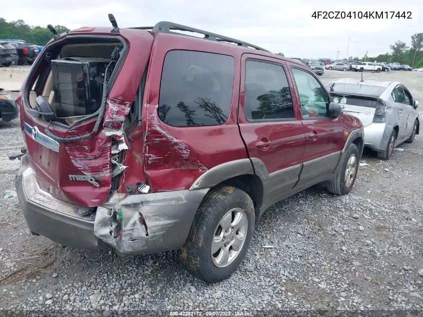 2004 Mazda Tribute Lx V6 VIN: 4F2CZ04104KM17442 Lot: 42202172