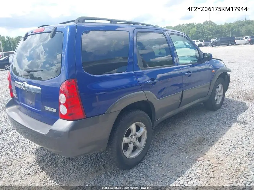 2005 Mazda Tribute S VIN: 4F2YZ06175KM17944 Lot: 42480570