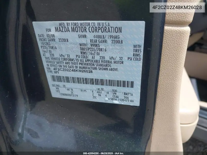 2008 Mazda Tribute I Sport VIN: 4F2CZ02Z48KM26028 Lot: 42594250