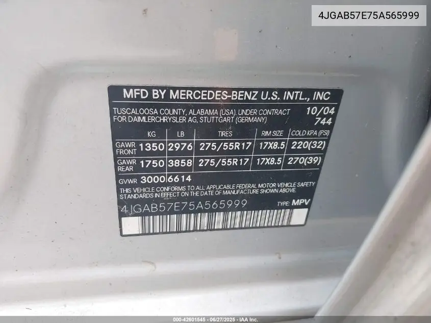 2005 Mercedes-Benz Ml 350 4Matic VIN: 4JGAB57E75A565999 Lot: 42601545